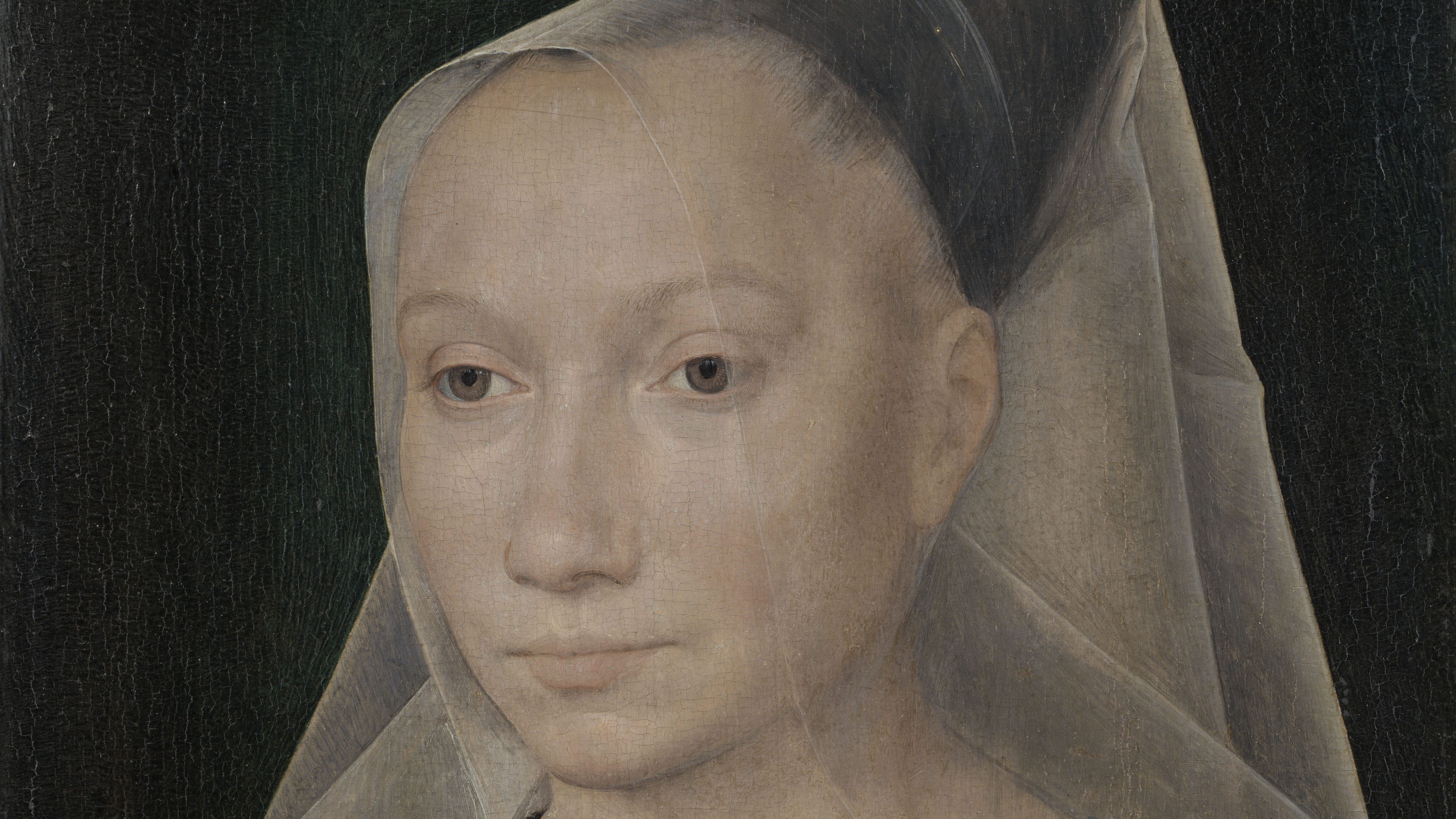 Detail uit het portret van een jonge vrouw of Sibylla Sambetha van Hans Memling, 1480. In het detail is de jonge vrouw ten hoofde afbeeld in 7/8 profiel naar links.