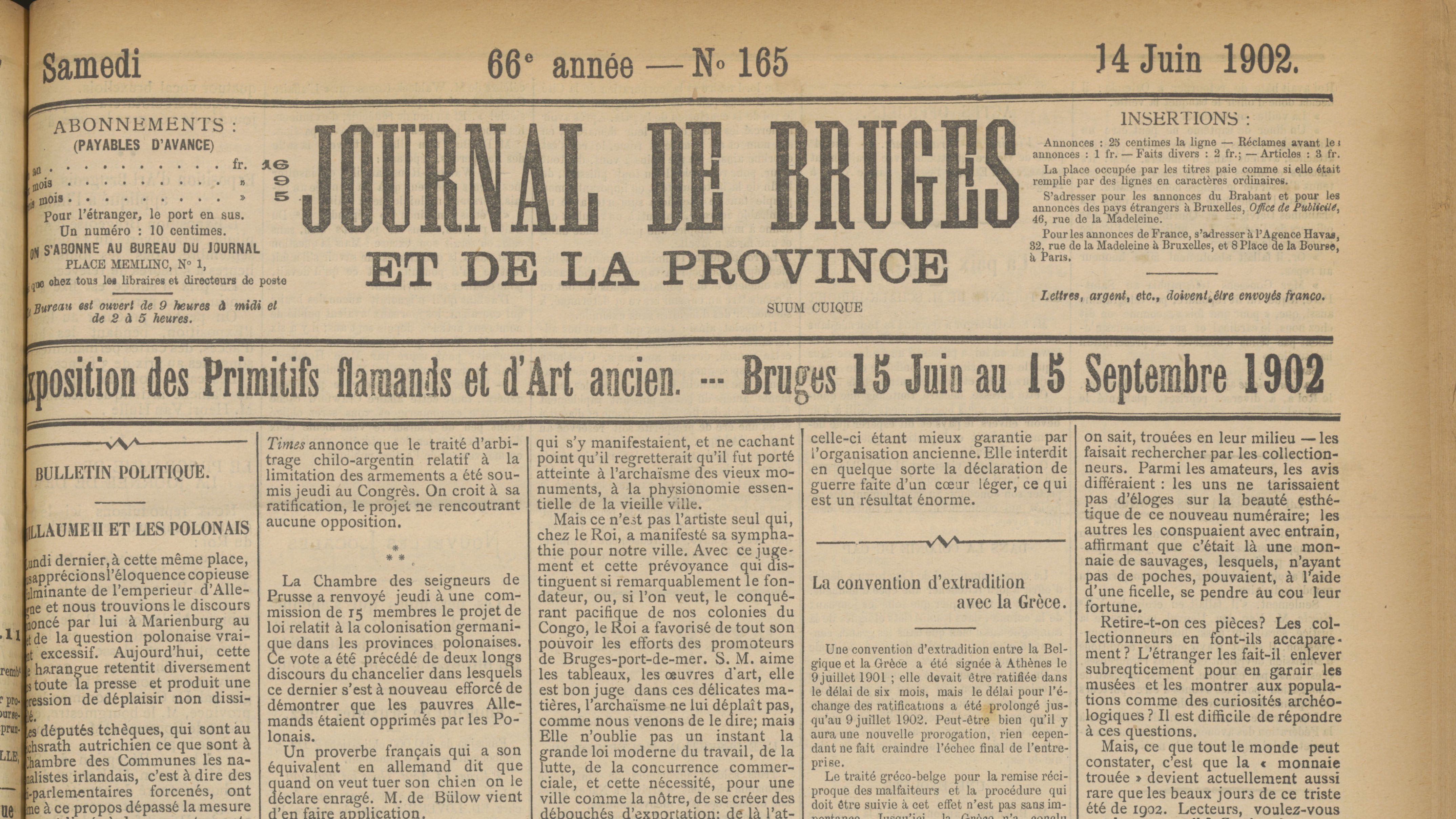 Detail uit de krant Journal de Bruges uit 14 juni 1902 met als titel: Exposition des Primitifs flamands et d'Art ancien, over de opening van de tentoonstelling over de Vlaamse primitieven.
