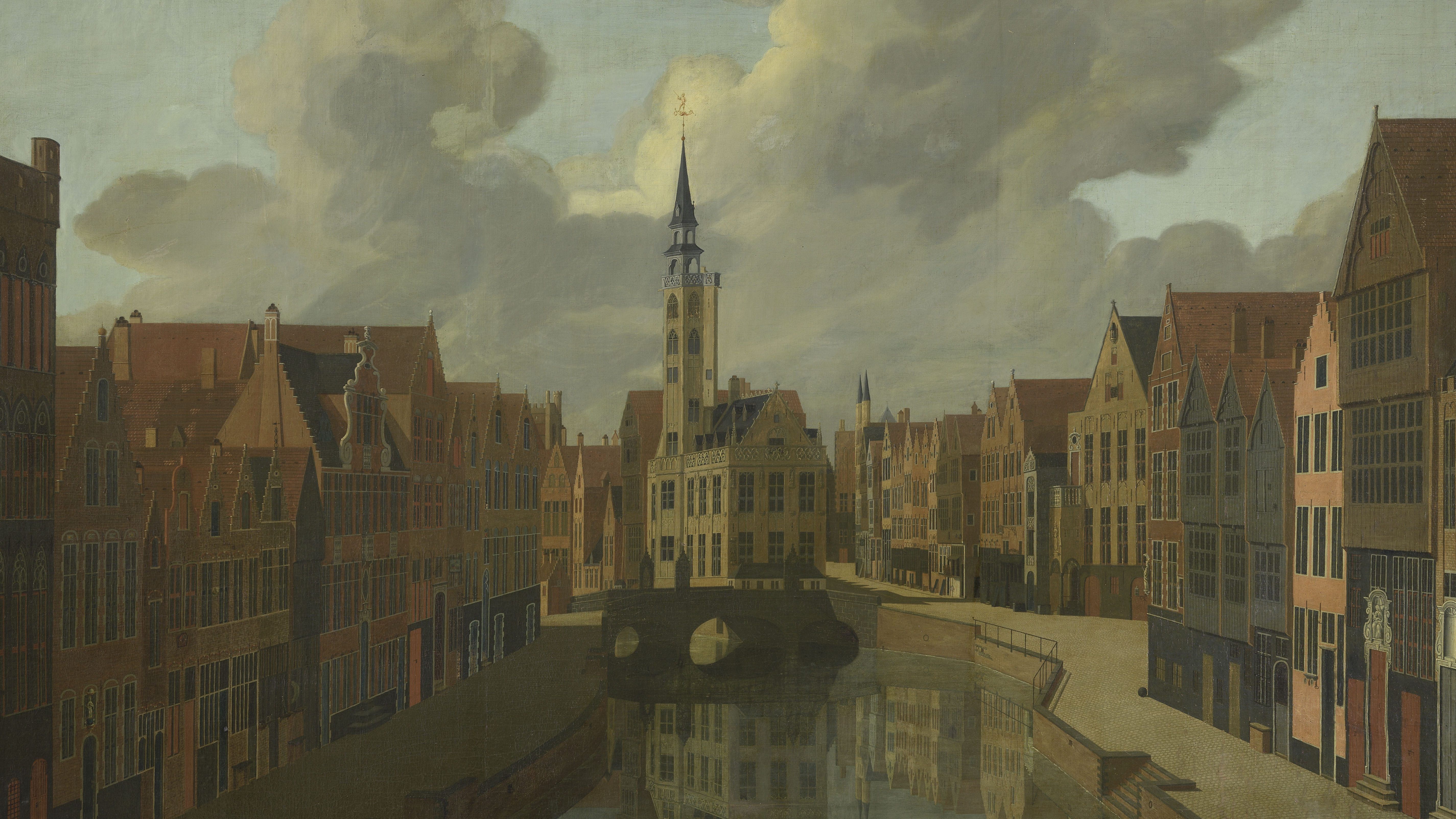 De Spiegelrei in Brugge door Pièrre François Ledoulx, 1747. Het doek stelt de Sint-Jansbrug of Nieuwjaarsbrug, nu de Jan van Eyckplaats te Brugge voor, zoals deze er uit zag in de eerste helft van de achttiende eeuw. In het midden op de achtergrond de Poortersloge, links de Spinolarei en rechts de Spiegelrei.