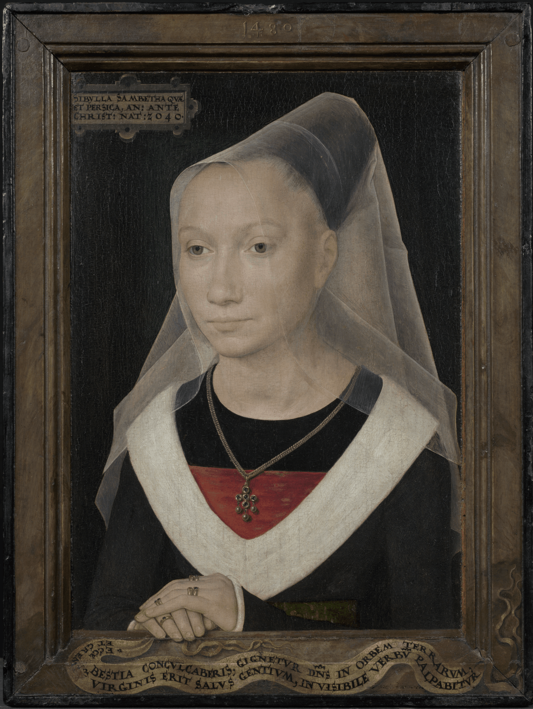Portret van een jonge vrouw of Sibylla Sambetha van Hans Memling 1480. Dit portret toont een jonge vrouw, in 7/8 profiel naar links. Dat ze uit de gegoede kringen komt, blijkt uit haar kledij, kapsel en juwelen. Haar handen liggen over elkaar, de vingertoppen van de rechterhand rusten op de lijst. Op het werk zijn een cartouche en banderol met opschriften aangebracht.