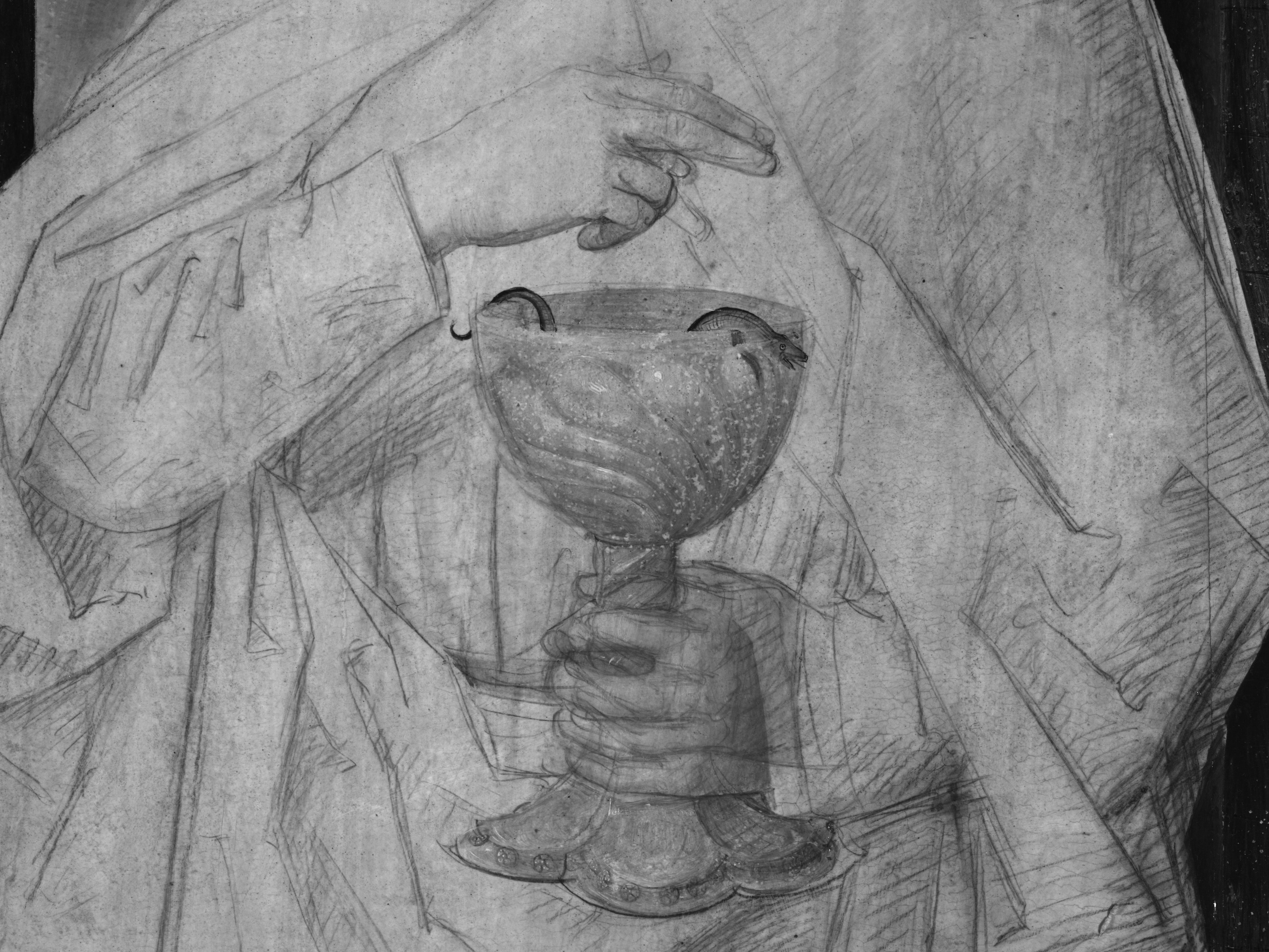 Detail uit het drieluik van Johannes de Doper en Johannes de Evangelist van Hans Memling. Op het detail is te zien hoe Johannes de Evangelist een beker vasthoudt in zijn rechterhand met daarin een kleine slang. Met zijn linkerhand maakt hij een zegenend gebaar boven de beker. De foto werd genomen via infraroodreflectografie, wat een zwartwit beeld oplevert.