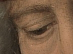 Detail in lage resolutie uit het linkerluik van het drieluik van Johannes de Doper en Johannes de Evangelist door Hans Memling. Er is een geschilderd rechteroog te zien.
