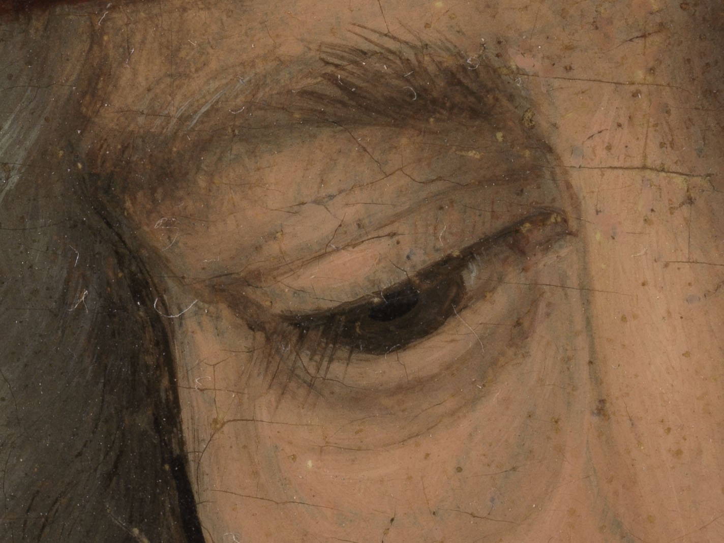 Detail in ultrahoge resolutie uit het linkerluik van het drieluik van Johannes de Doper en Johannes de Evangelist door Hans Memling. Er is een geschilderd rechteroog te zien.