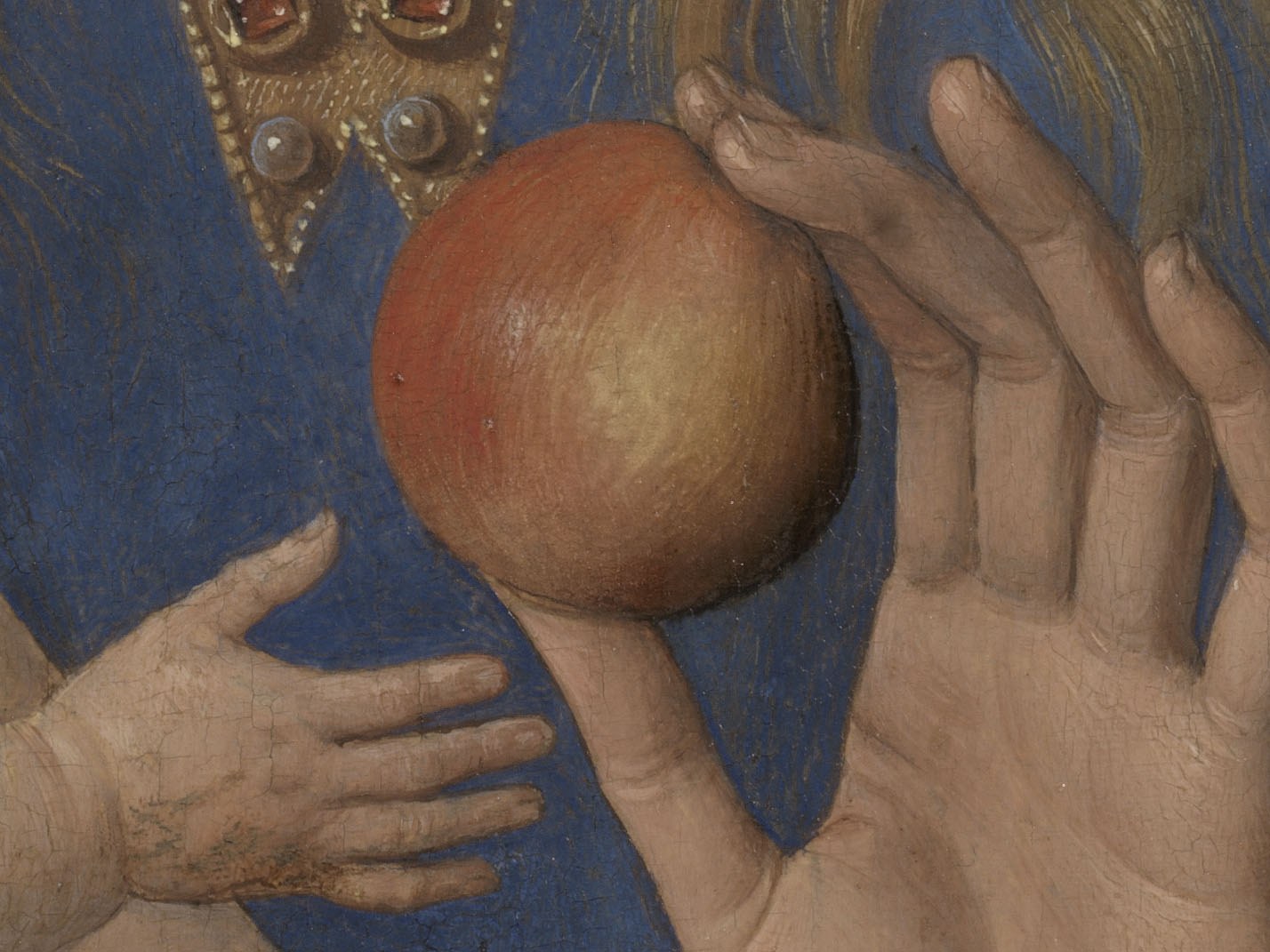 Detail uit diptiek van Maarten van Nieuwenhove door Hans Memling. Het toont hoe Maria een appel doorgeeft aan kindje Jezus.
