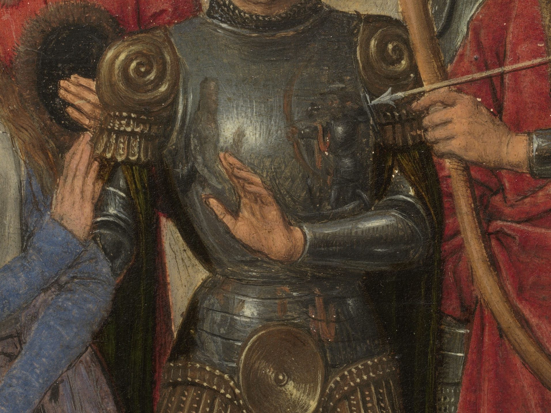 Detail uit een paneel van het schrijn voor de heilige Ursula van Memling. In een harnas van een ridder is de weerspiegeling te zien van de omstaanders.