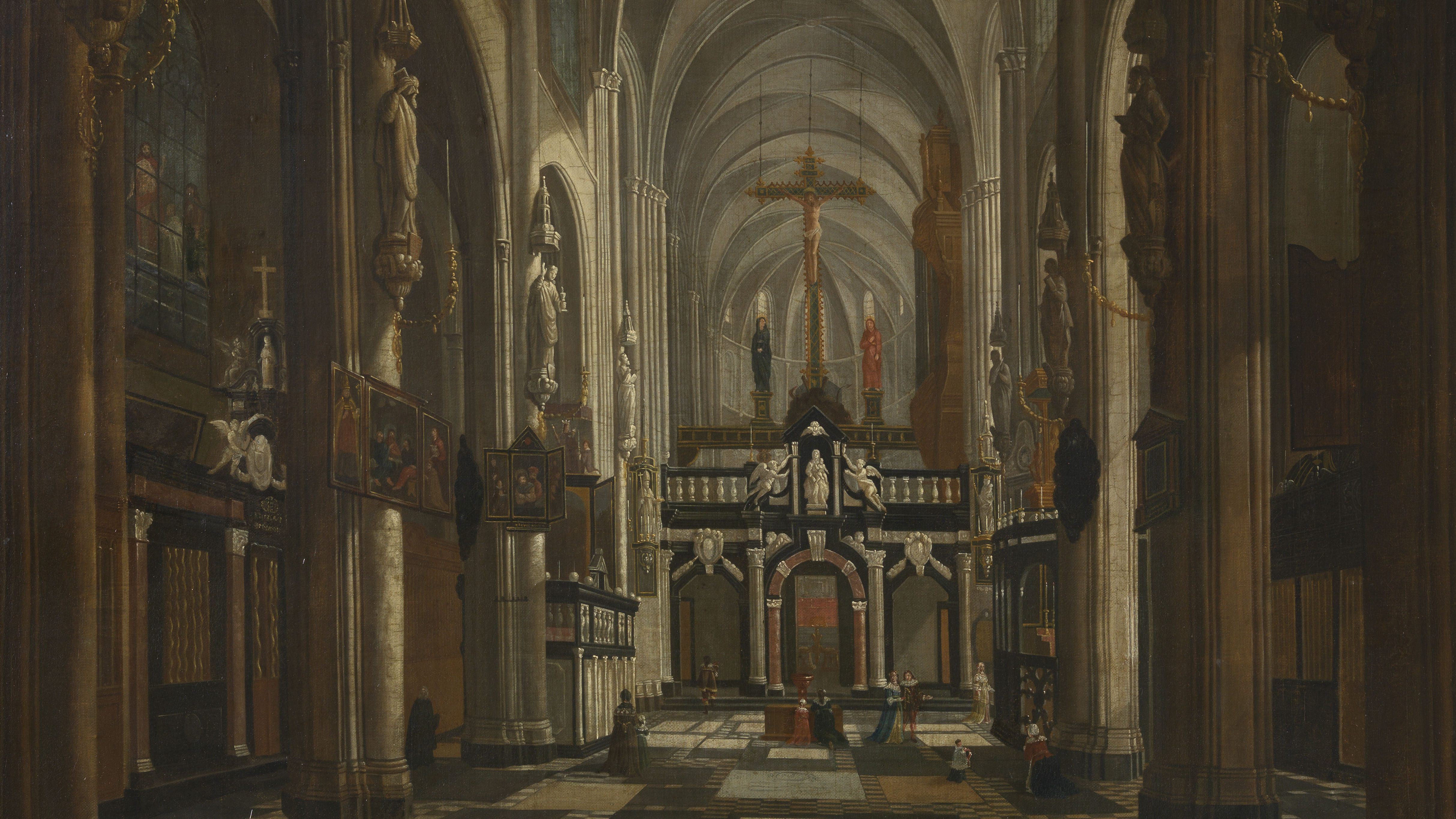 Binnenzicht van de in 1799 gesloopte Sint-Donaaskerk in Brugge. Geschilderd door Jan Baptist van Meunincxhove, circa 1696.